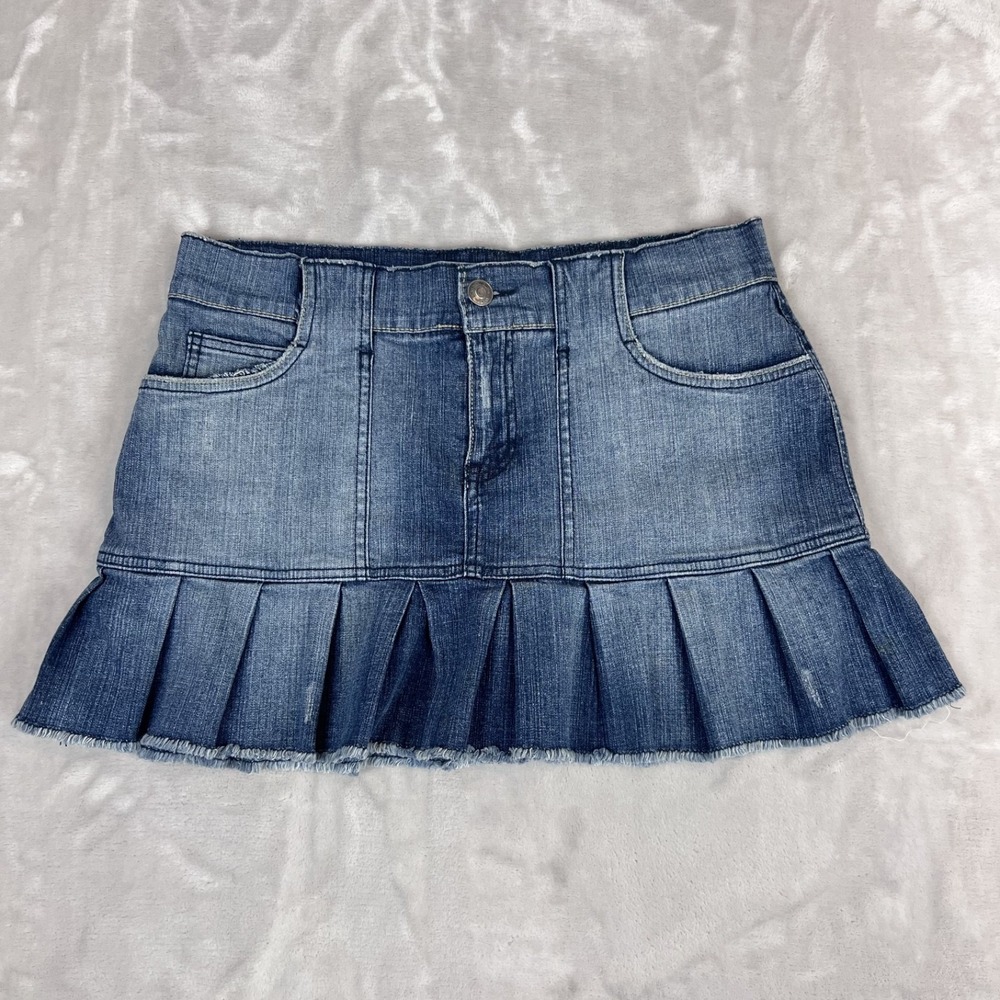 Y2K Hydraulic Mini Skirt Womens 11/12 Blue Denim Pleated Low Rise Stretch Grunge